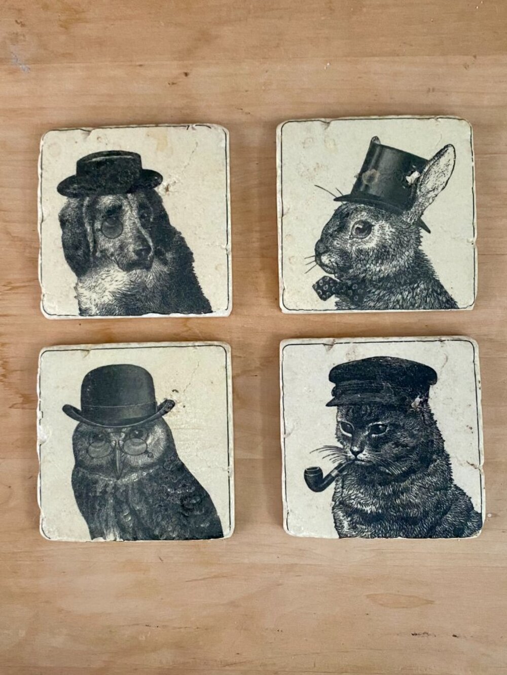 Set of 4 ceramic coasters, vintage style animal themes, cork backing, new no box